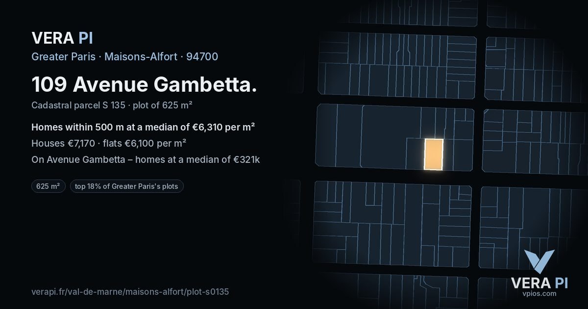 109 Avenue Gambetta, Maisons-Alfort at night – the plot lit, the parcels around coloured by the prices near them