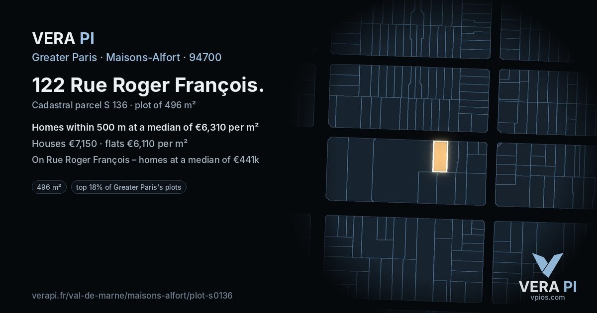 122 Rue Roger François, Maisons-Alfort at night – the plot lit, the parcels around coloured by the prices near them