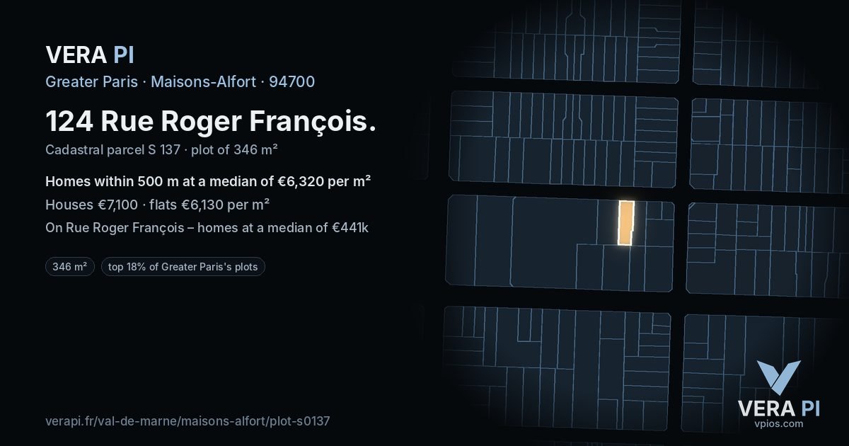 124 Rue Roger François, Maisons-Alfort at night – the plot lit, the parcels around coloured by the prices near them