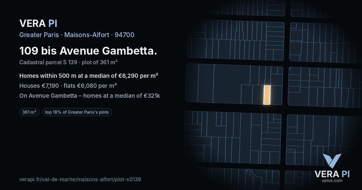 109 bis Avenue Gambetta, Maisons-Alfort at night – the plot lit, the parcels around coloured by the prices near them