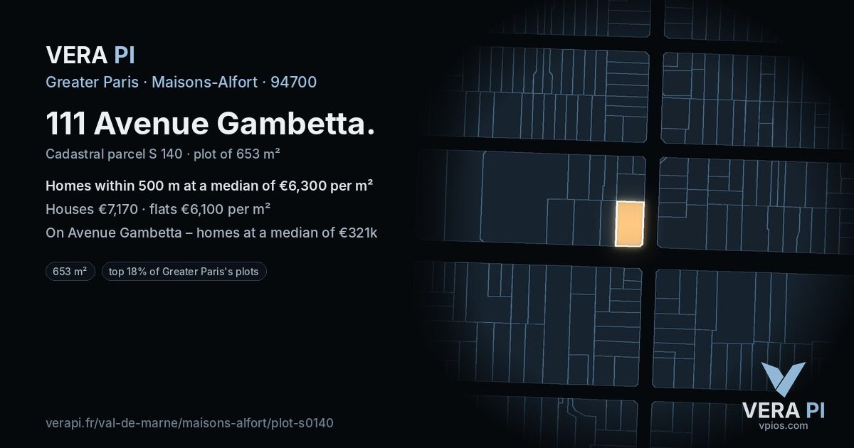 111 Avenue Gambetta, Maisons-Alfort at night – the plot lit, the parcels around coloured by the prices near them