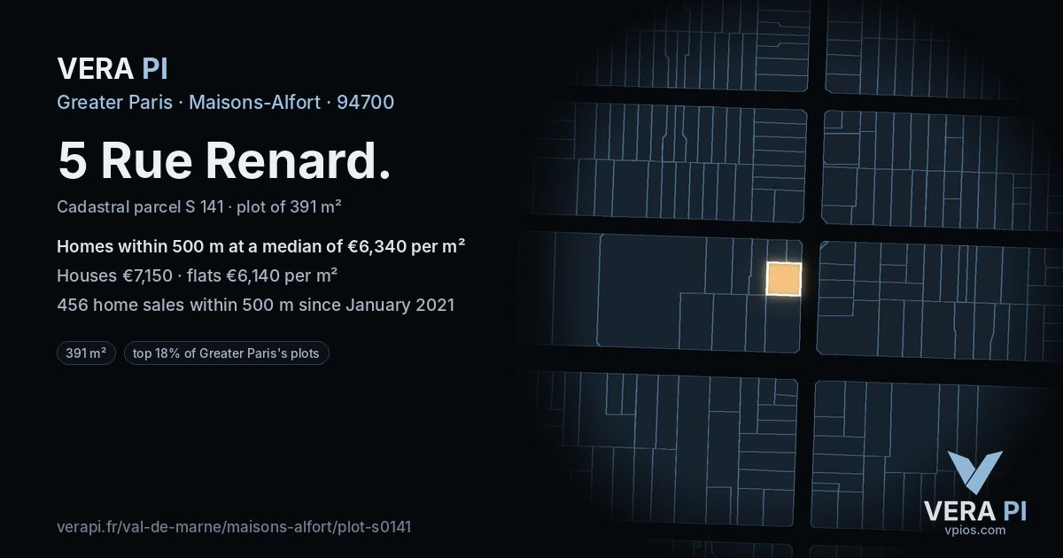 5 Rue Renard, Maisons-Alfort at night – the plot lit, the parcels around coloured by the prices near them