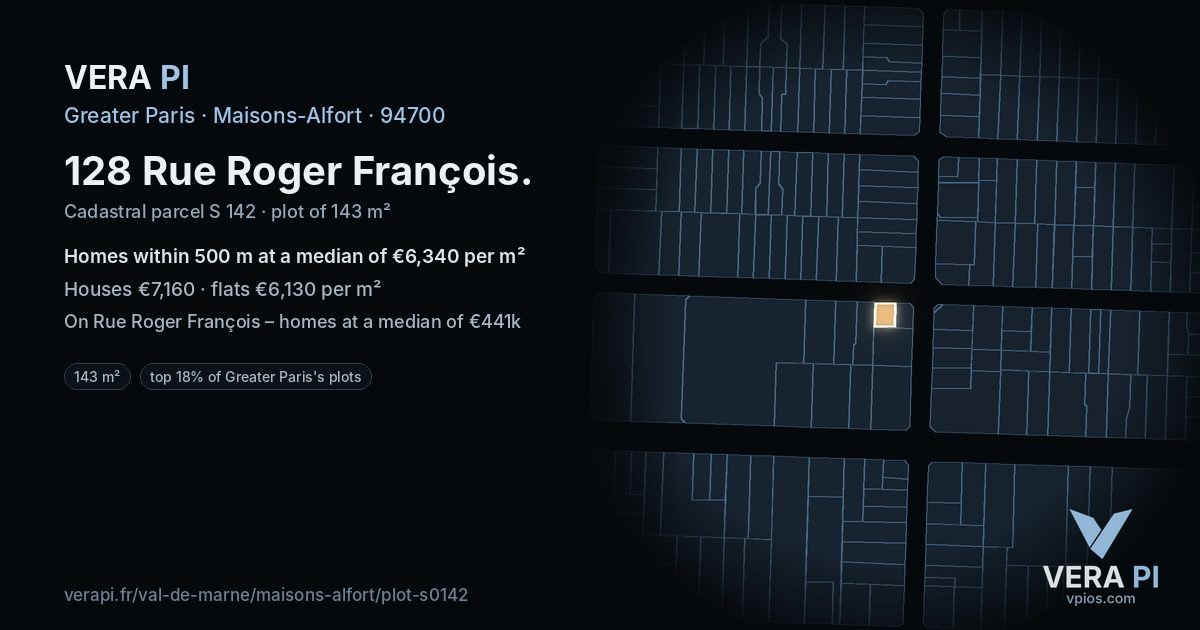 128 Rue Roger François, Maisons-Alfort at night – the plot lit, the parcels around coloured by the prices near them