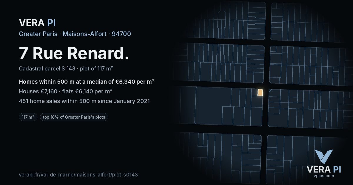7 Rue Renard, Maisons-Alfort at night – the plot lit, the parcels around coloured by the prices near them