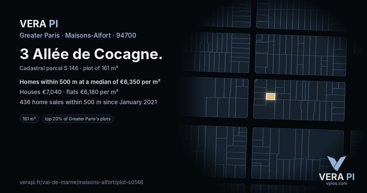 3 Allée de Cocagne, Maisons-Alfort at night – the plot lit, the parcels around coloured by the prices near them