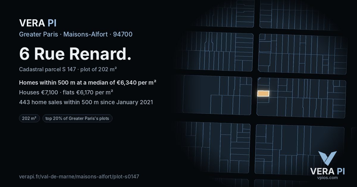 6 Rue Renard, Maisons-Alfort at night – the plot lit, the parcels around coloured by the prices near them
