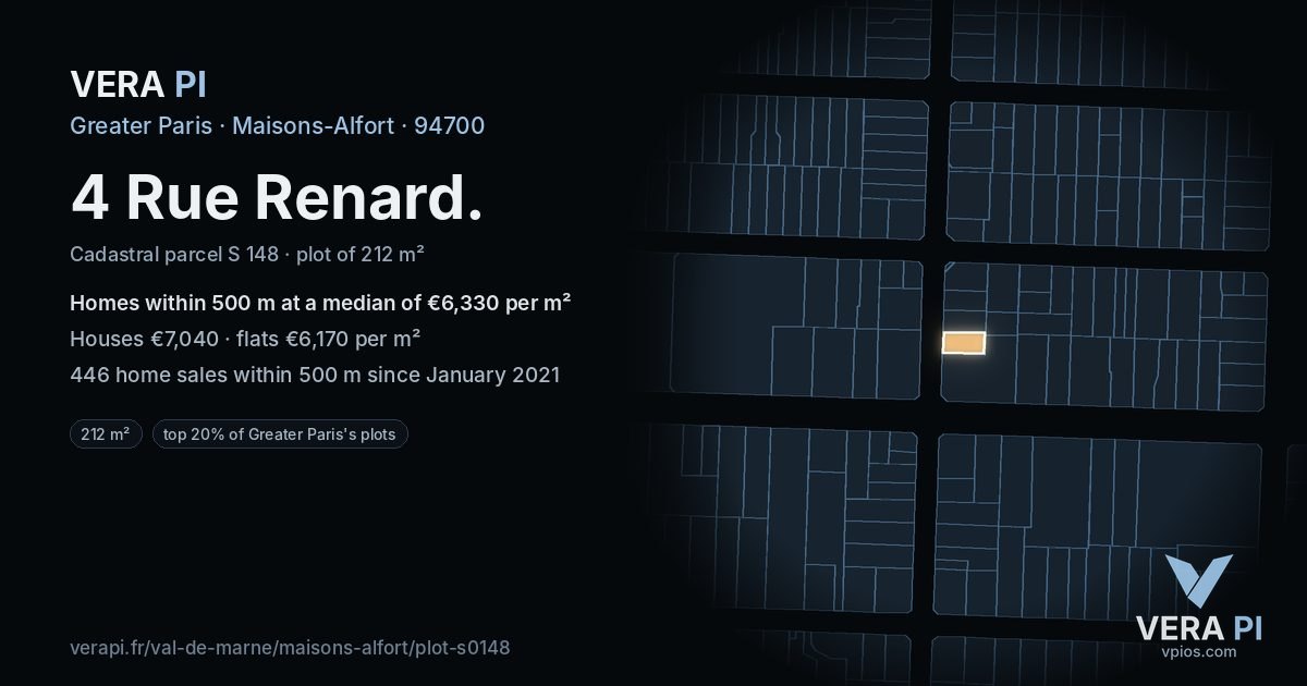 4 Rue Renard, Maisons-Alfort at night – the plot lit, the parcels around coloured by the prices near them