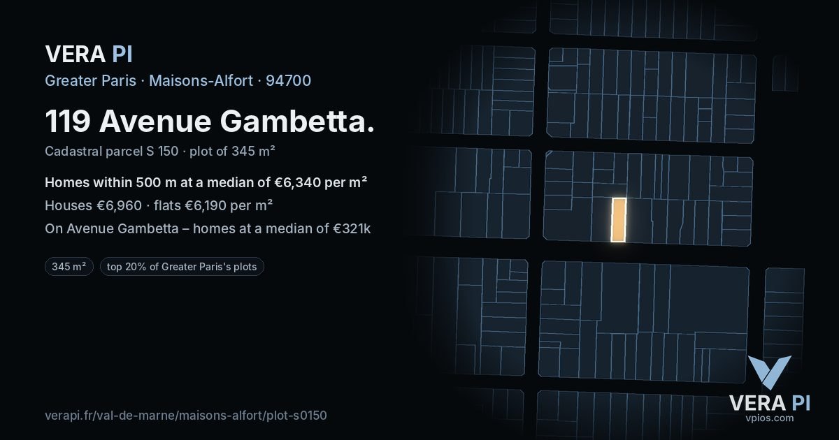 119 Avenue Gambetta, Maisons-Alfort at night – the plot lit, the parcels around coloured by the prices near them