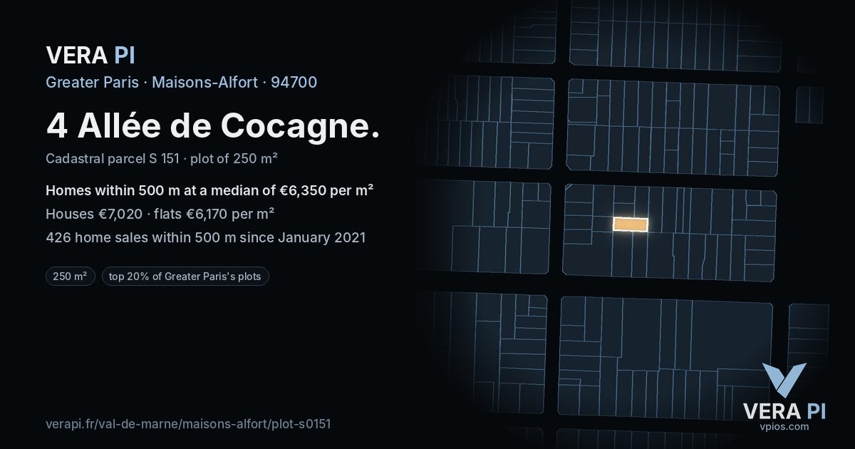 4 Allée de Cocagne, Maisons-Alfort at night – the plot lit, the parcels around coloured by the prices near them