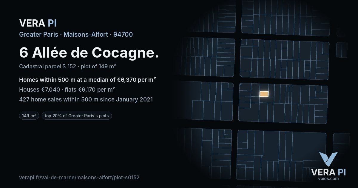 6 Allée de Cocagne, Maisons-Alfort at night – the plot lit, the parcels around coloured by the prices near them