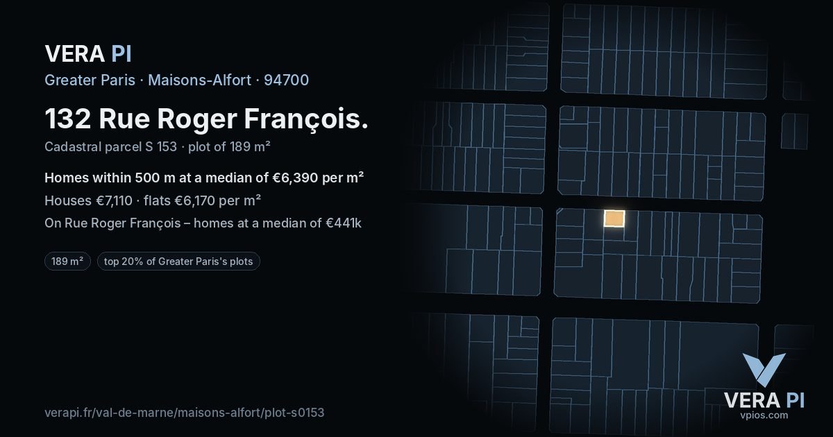 132 Rue Roger François, Maisons-Alfort at night – the plot lit, the parcels around coloured by the prices near them