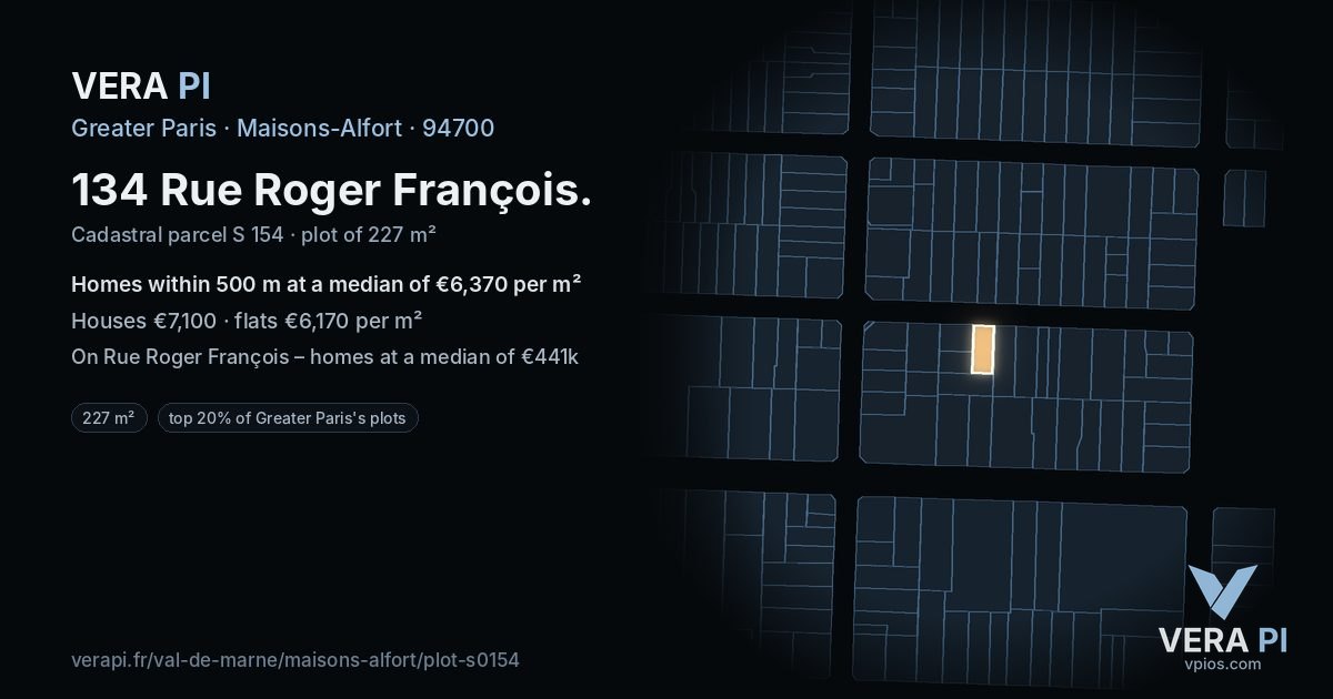 134 Rue Roger François, Maisons-Alfort at night – the plot lit, the parcels around coloured by the prices near them