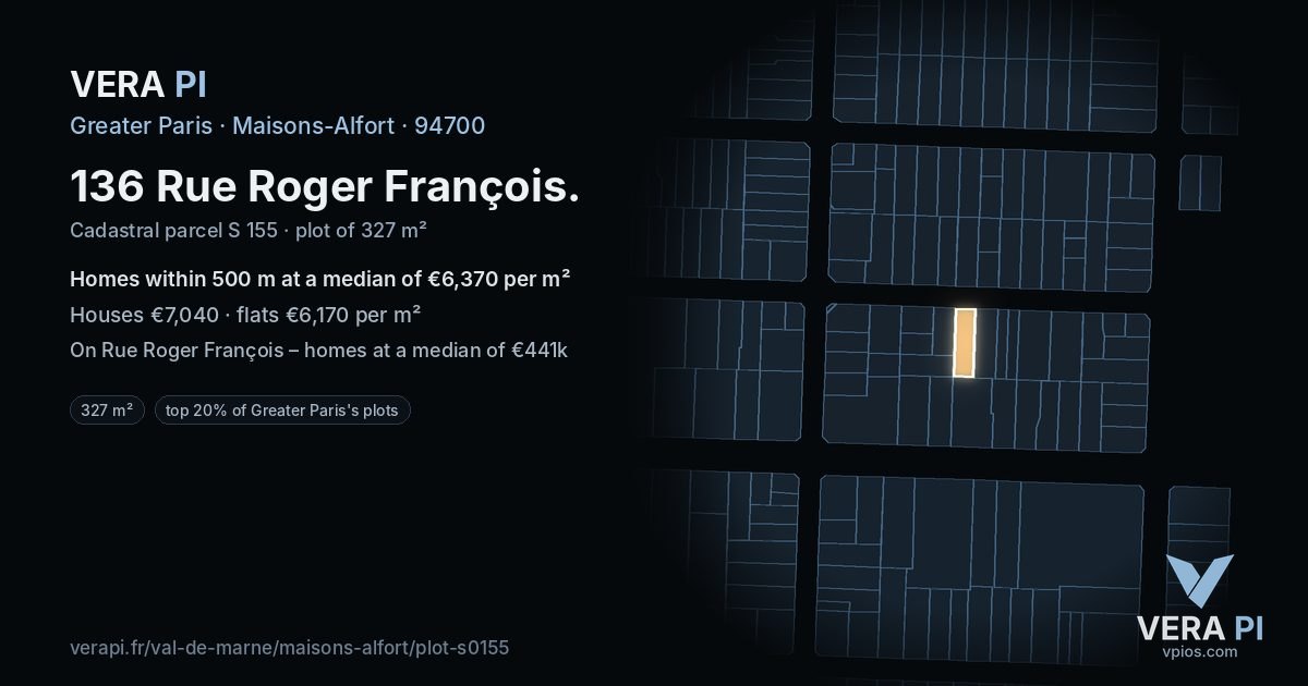 136 Rue Roger François, Maisons-Alfort at night – the plot lit, the parcels around coloured by the prices near them