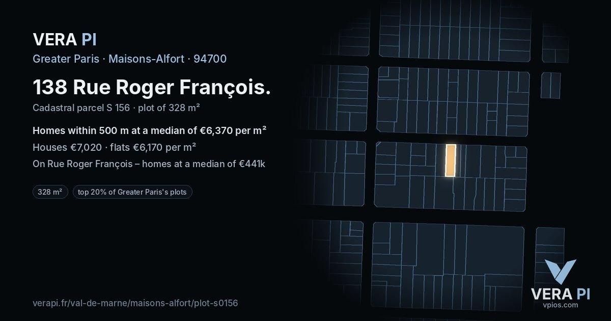 138 Rue Roger François, Maisons-Alfort at night – the plot lit, the parcels around coloured by the prices near them