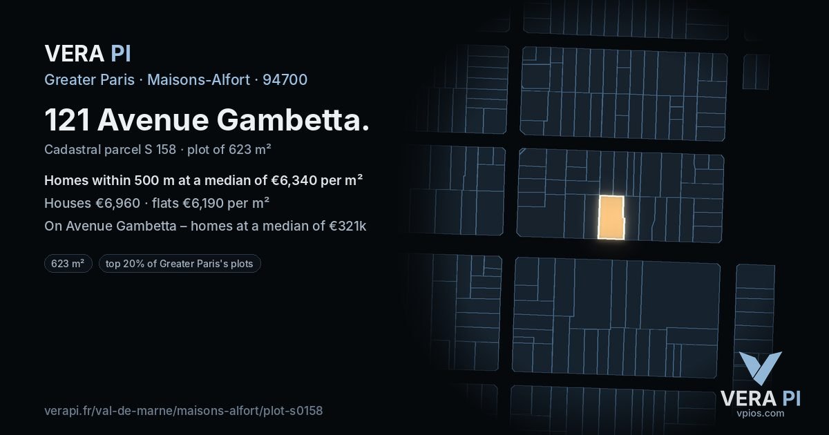 121 Avenue Gambetta, Maisons-Alfort at night – the plot lit, the parcels around coloured by the prices near them