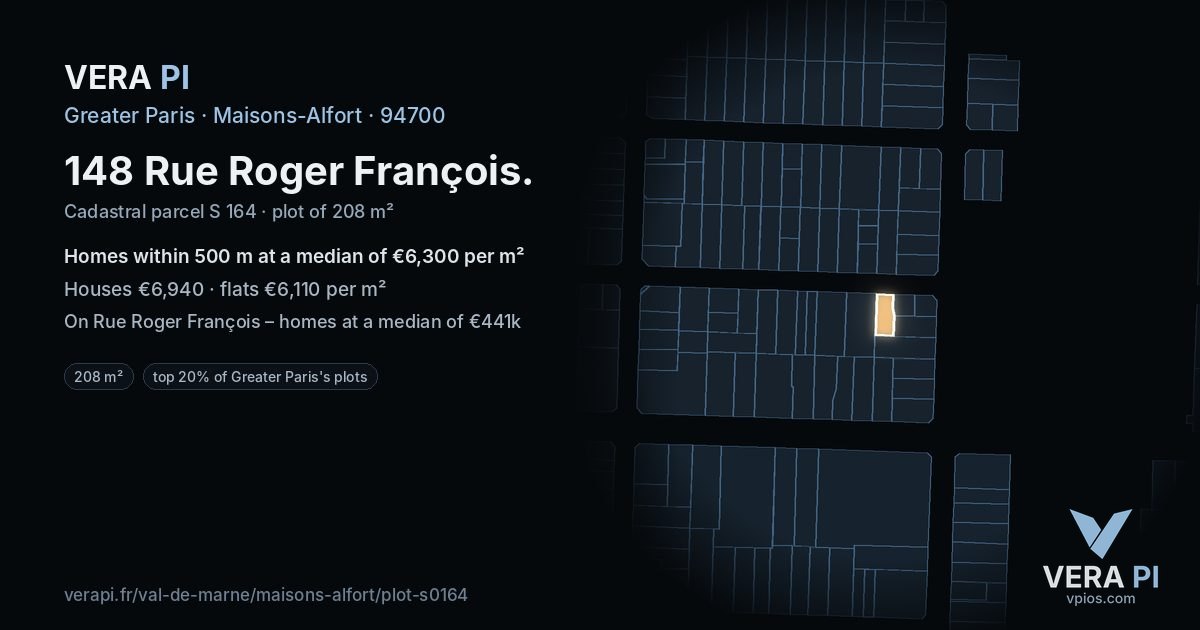 148 Rue Roger François, Maisons-Alfort at night – the plot lit, the parcels around coloured by the prices near them