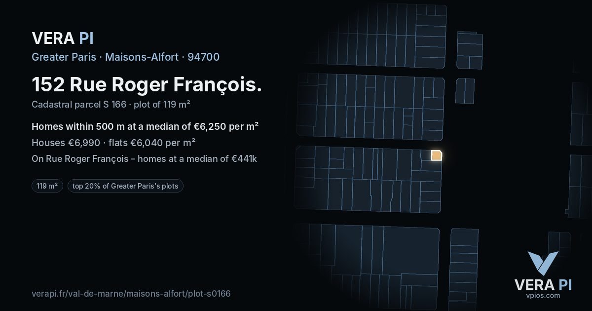 152 Rue Roger François, Maisons-Alfort at night – the plot lit, the parcels around coloured by the prices near them