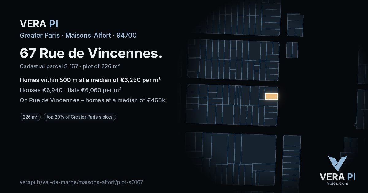 67 Rue de Vincennes, Maisons-Alfort at night – the plot lit, the parcels around coloured by the prices near them