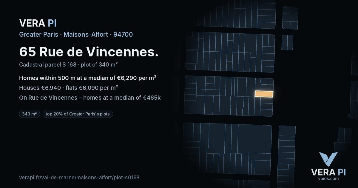 65 Rue de Vincennes, Maisons-Alfort at night – the plot lit, the parcels around coloured by the prices near them