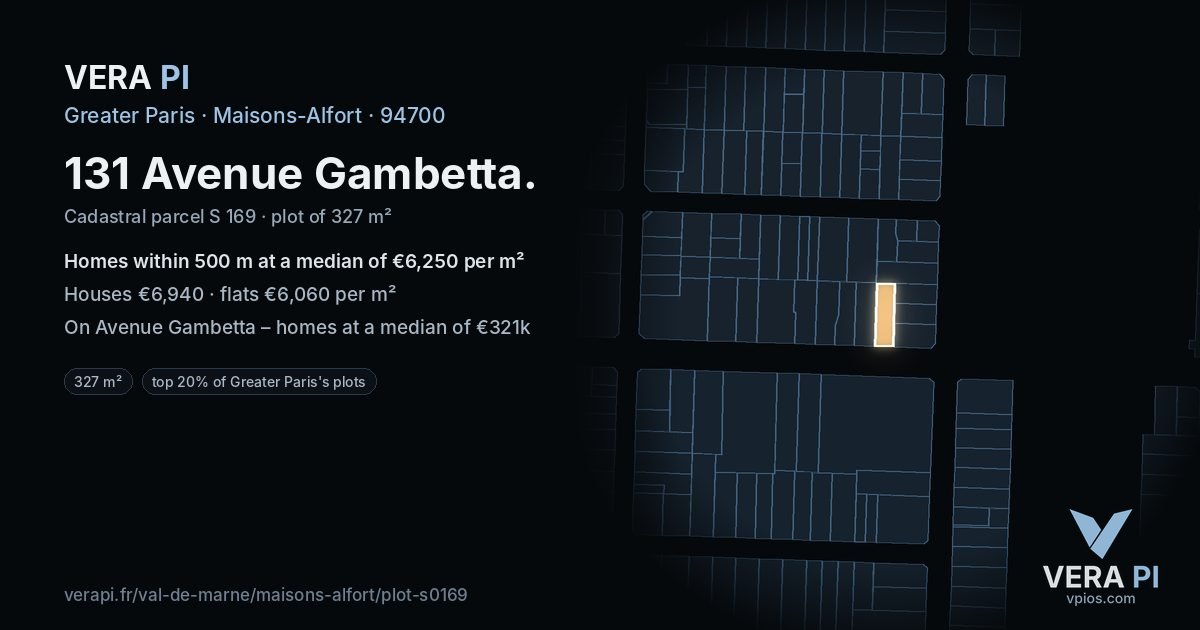 131 Avenue Gambetta, Maisons-Alfort at night – the plot lit, the parcels around coloured by the prices near them