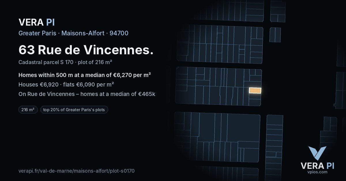 63 Rue de Vincennes, Maisons-Alfort at night – the plot lit, the parcels around coloured by the prices near them