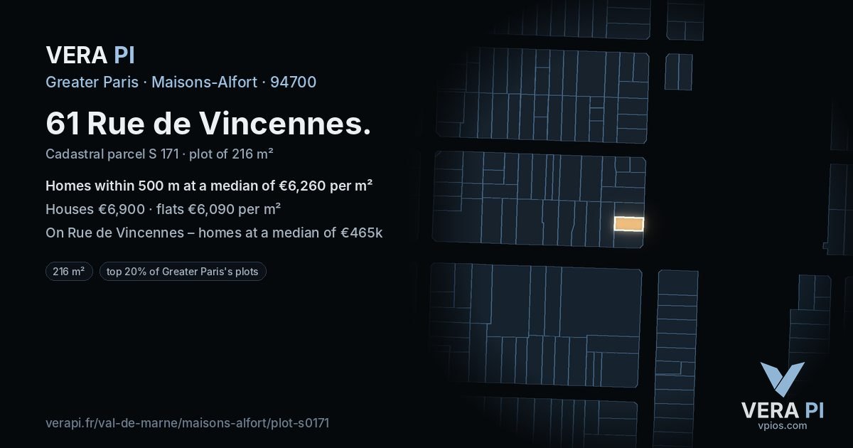 61 Rue de Vincennes, Maisons-Alfort at night – the plot lit, the parcels around coloured by the prices near them