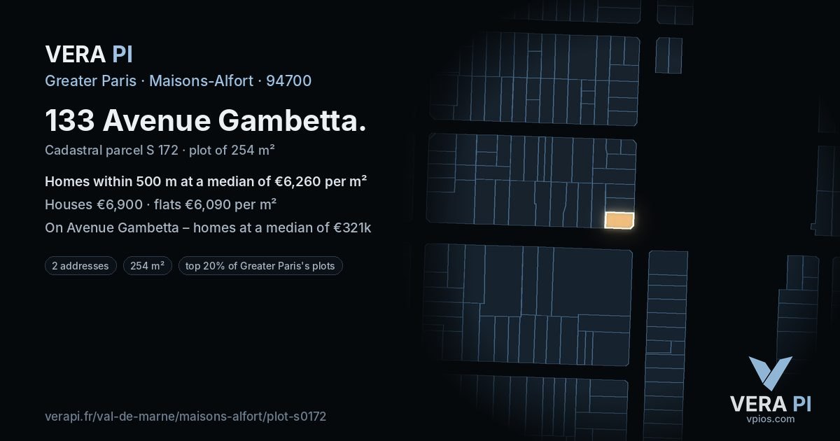 133 Avenue Gambetta, Maisons-Alfort at night – the plot lit, the parcels around coloured by the prices near them