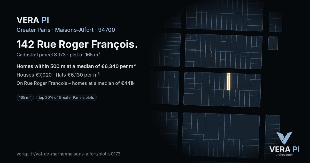 142 Rue Roger François, Maisons-Alfort at night – the plot lit, the parcels around coloured by the prices near them
