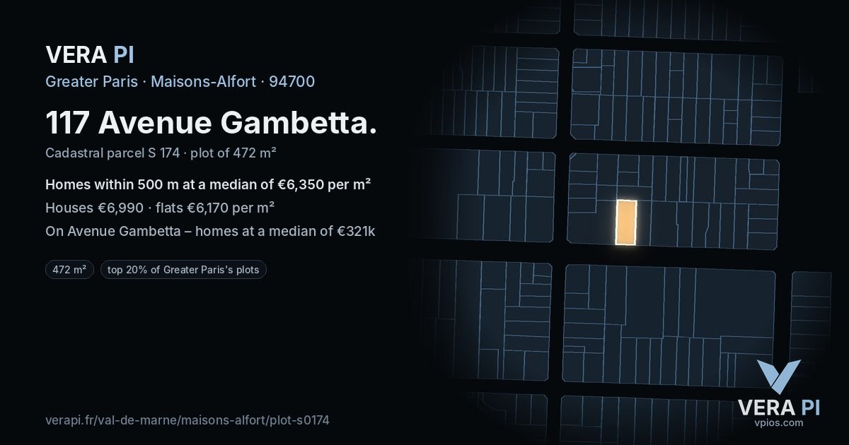 117 Avenue Gambetta, Maisons-Alfort at night – the plot lit, the parcels around coloured by the prices near them