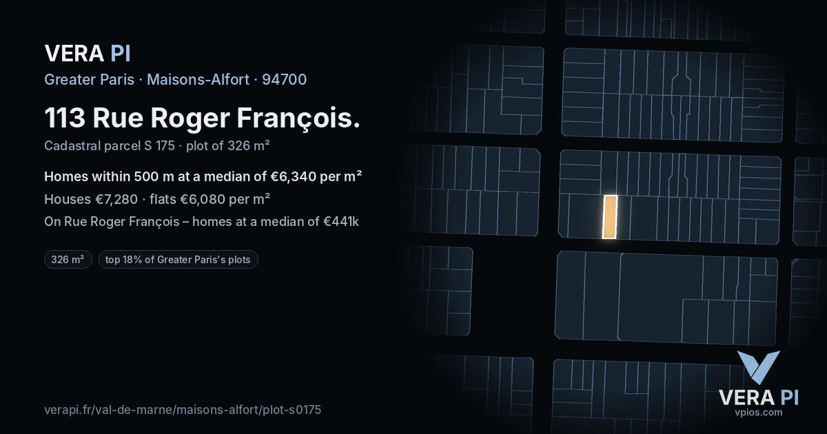 113 Rue Roger François, Maisons-Alfort at night – the plot lit, the parcels around coloured by the prices near them