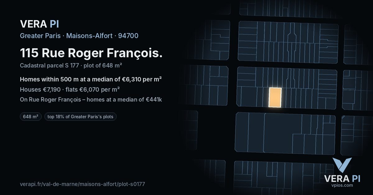 115 Rue Roger François, Maisons-Alfort at night – the plot lit, the parcels around coloured by the prices near them