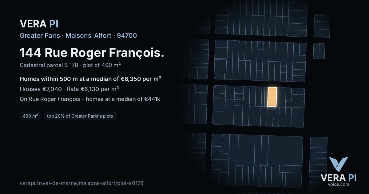 144 Rue Roger François, Maisons-Alfort at night – the plot lit, the parcels around coloured by the prices near them
