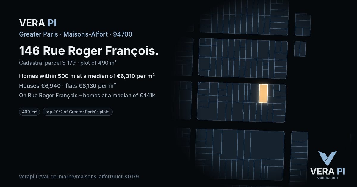 146 Rue Roger François, Maisons-Alfort at night – the plot lit, the parcels around coloured by the prices near them