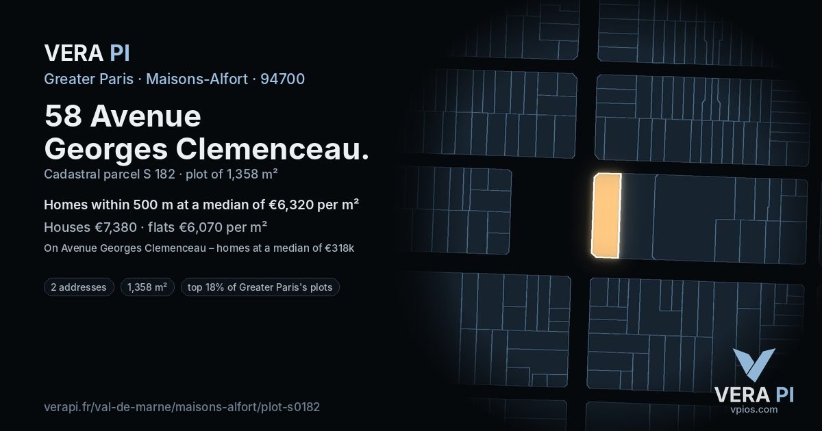 58 Avenue Georges Clemenceau, Maisons-Alfort at night – the plot lit, the parcels around coloured by the prices near them