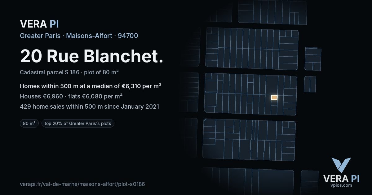 20 Rue Blanchet, Maisons-Alfort at night – the plot lit, the parcels around coloured by the prices near them