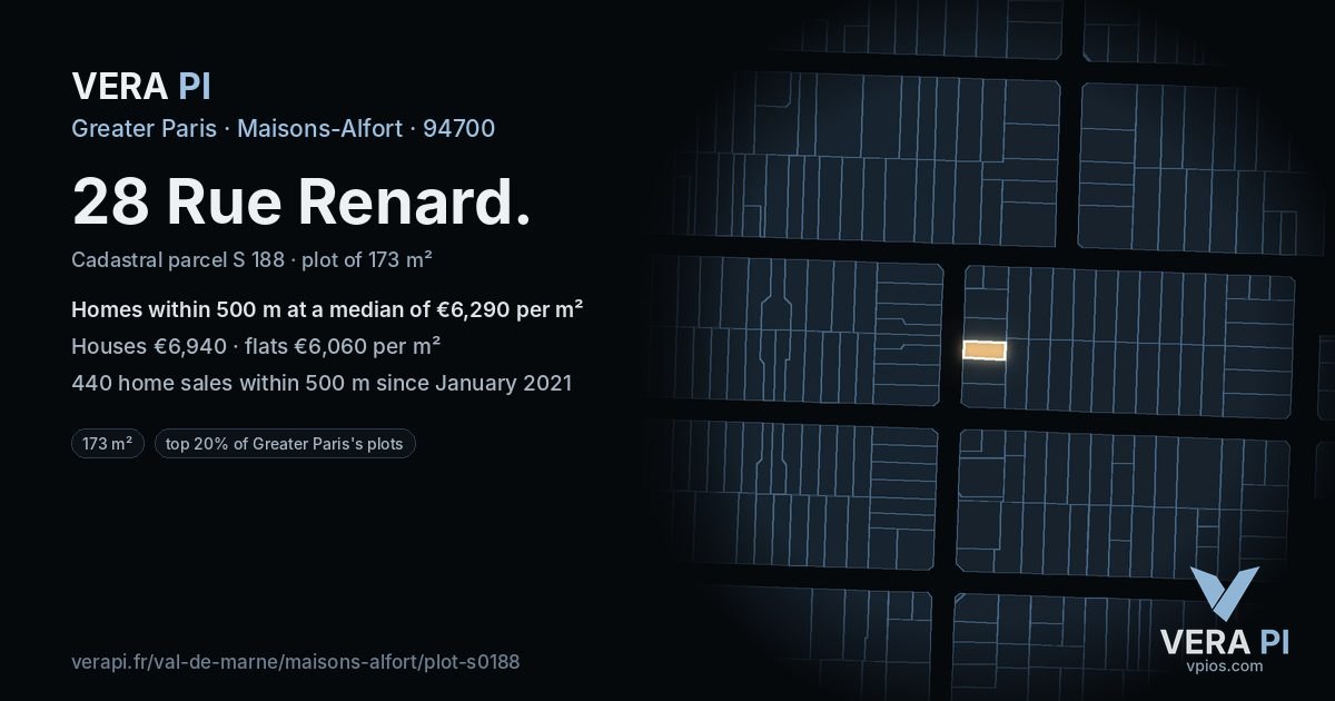 28 Rue Renard, Maisons-Alfort at night – the plot lit, the parcels around coloured by the prices near them