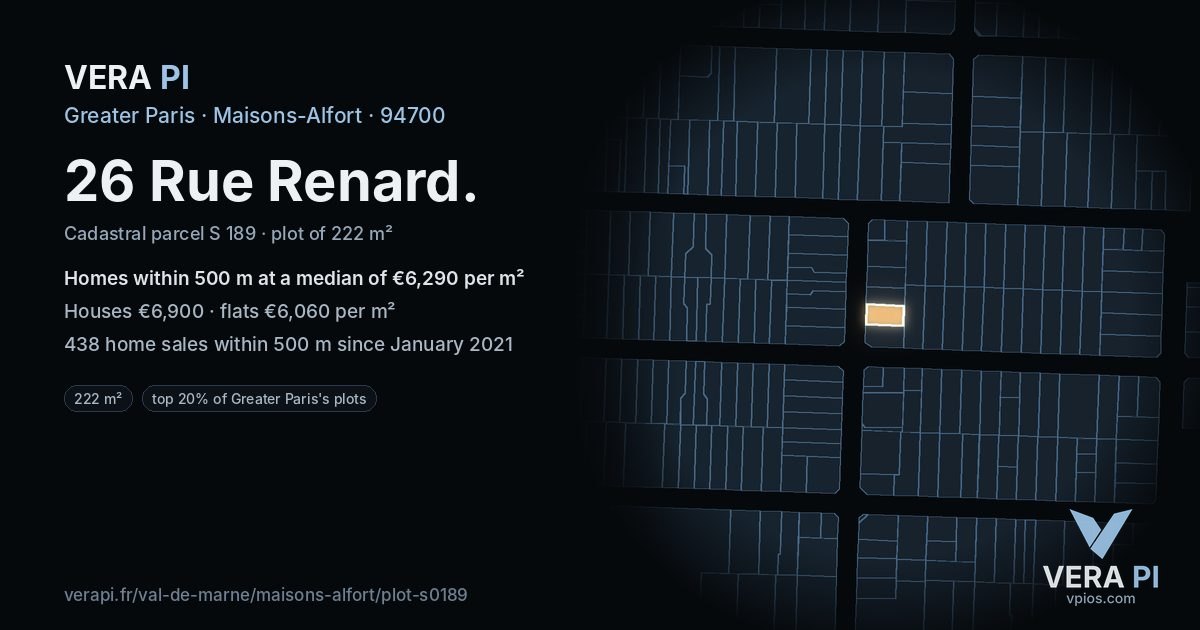 26 Rue Renard, Maisons-Alfort at night – the plot lit, the parcels around coloured by the prices near them
