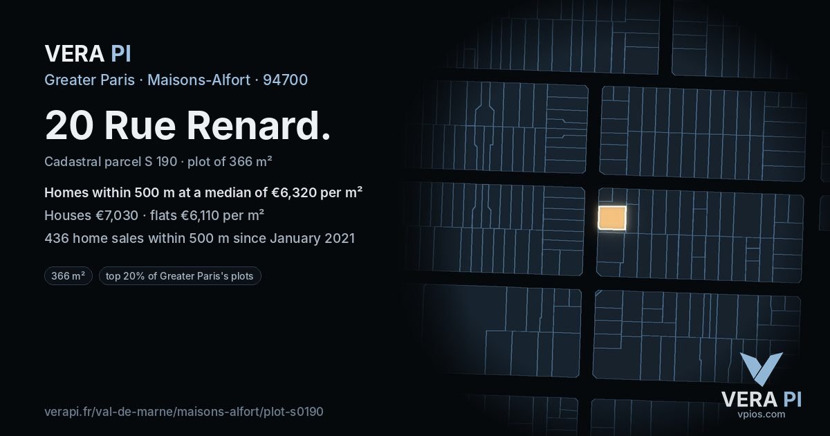 20 Rue Renard, Maisons-Alfort at night – the plot lit, the parcels around coloured by the prices near them