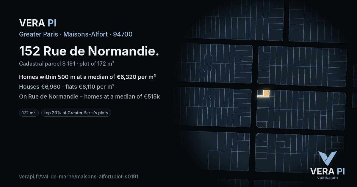 152 Rue de Normandie, Maisons-Alfort at night – the plot lit, the parcels around coloured by the prices near them