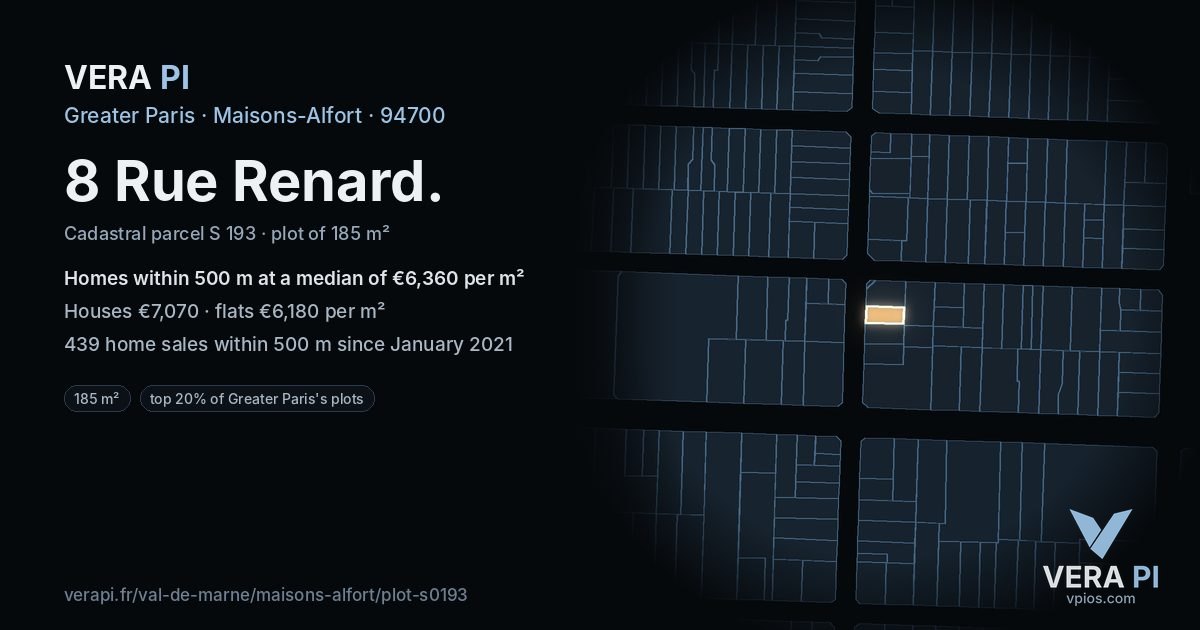 8 Rue Renard, Maisons-Alfort at night – the plot lit, the parcels around coloured by the prices near them