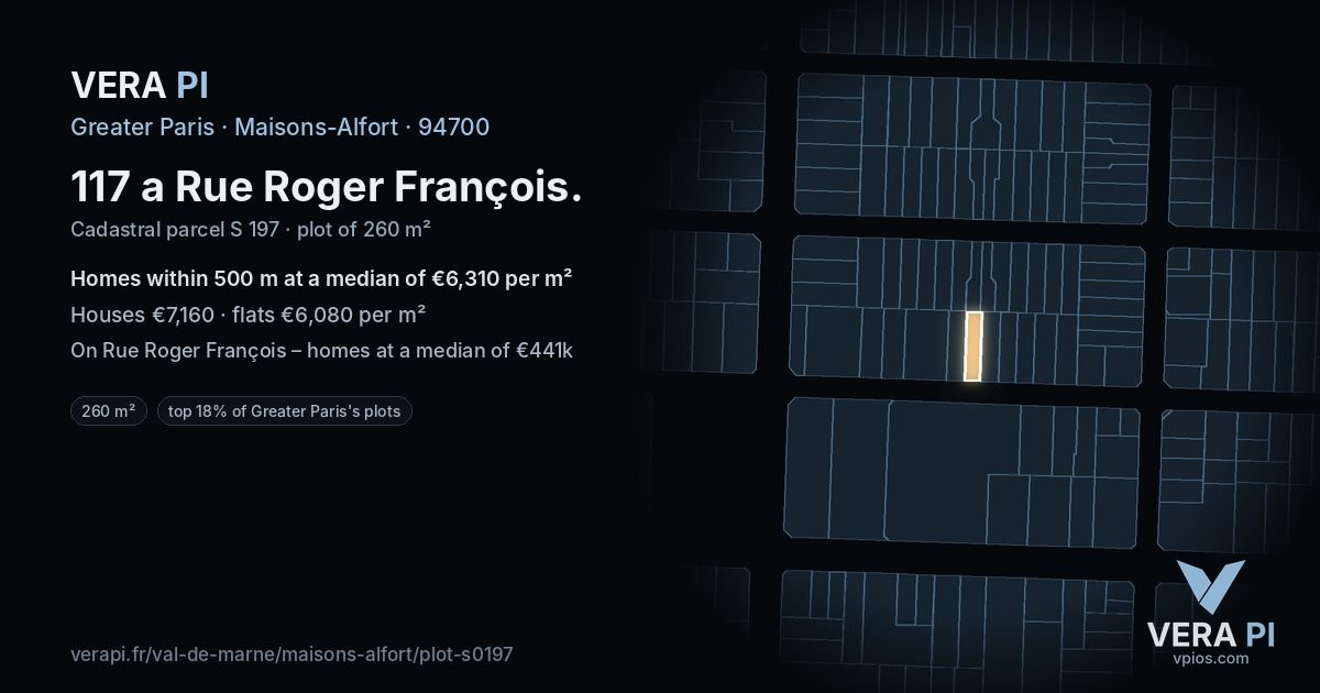 117 a Rue Roger François, Maisons-Alfort at night – the plot lit, the parcels around coloured by the prices near them