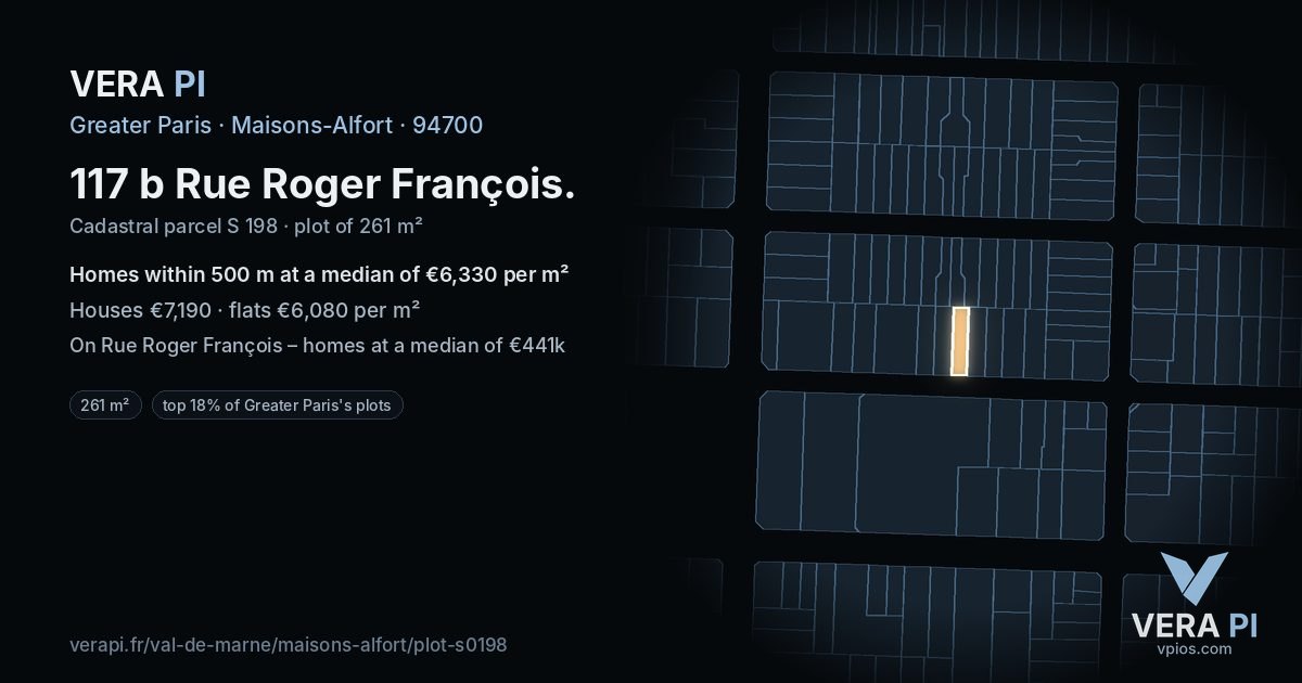 117 b Rue Roger François, Maisons-Alfort at night – the plot lit, the parcels around coloured by the prices near them