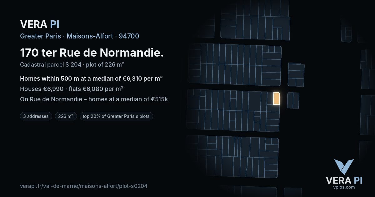 170 ter Rue de Normandie, Maisons-Alfort at night – the plot lit, the parcels around coloured by the prices near them