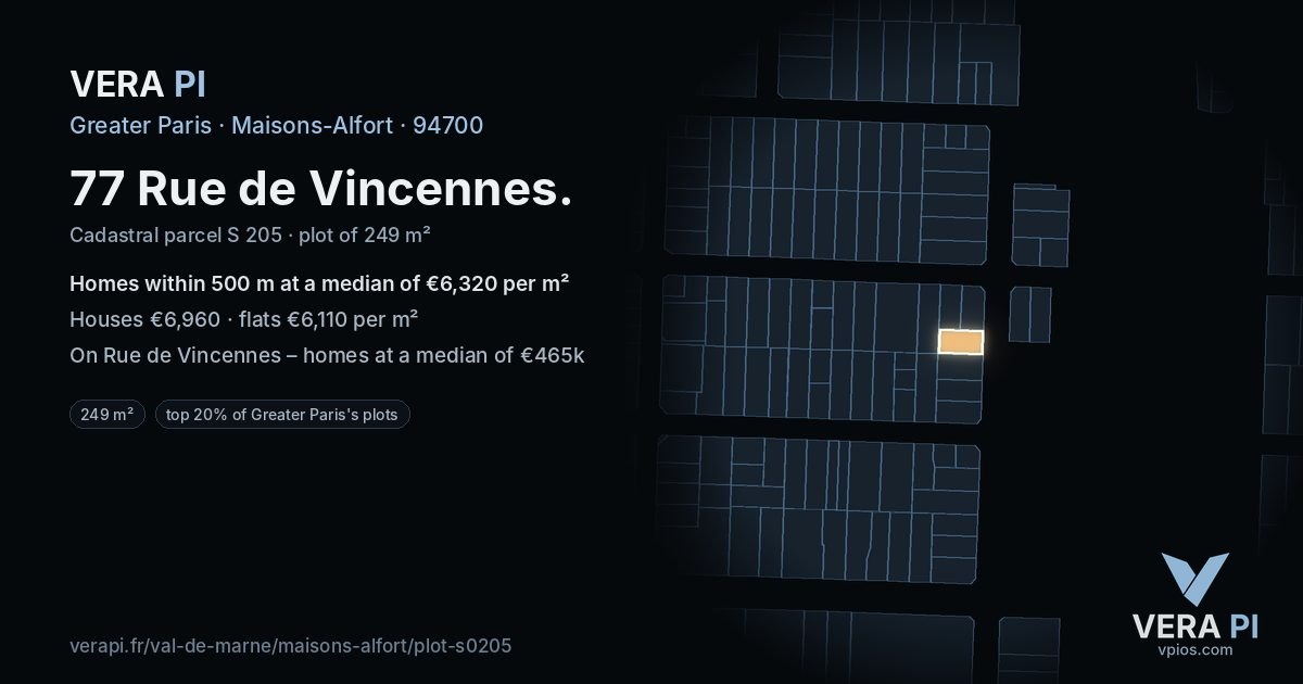 77 Rue de Vincennes, Maisons-Alfort at night – the plot lit, the parcels around coloured by the prices near them
