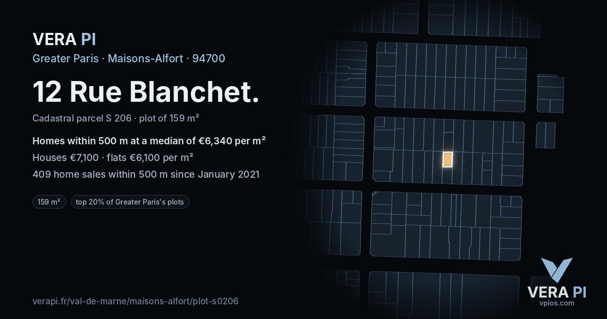 12 Rue Blanchet, Maisons-Alfort at night – the plot lit, the parcels around coloured by the prices near them