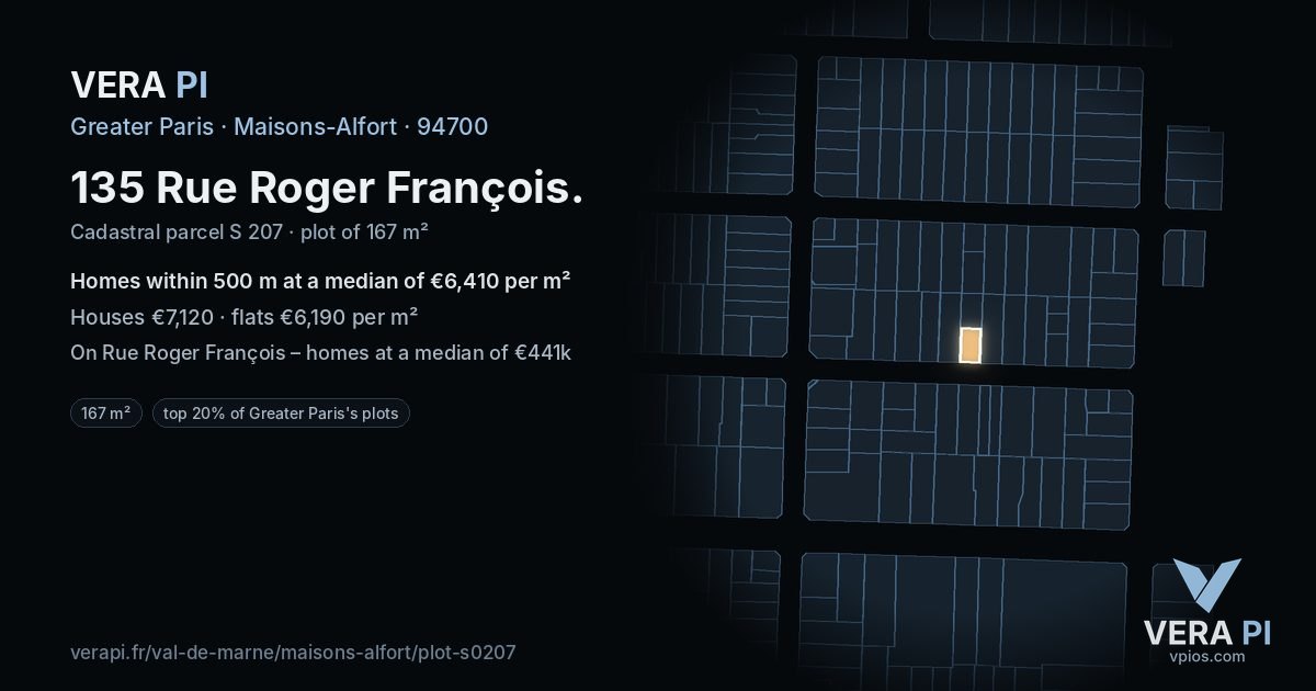135 Rue Roger François, Maisons-Alfort at night – the plot lit, the parcels around coloured by the prices near them