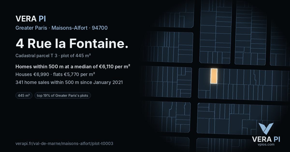 4 Rue la Fontaine, Maisons-Alfort at night – the plot lit, the parcels around coloured by the prices near them