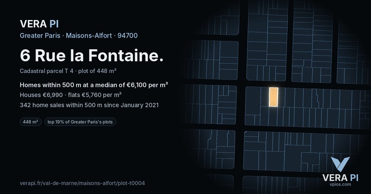 6 Rue la Fontaine, Maisons-Alfort at night – the plot lit, the parcels around coloured by the prices near them