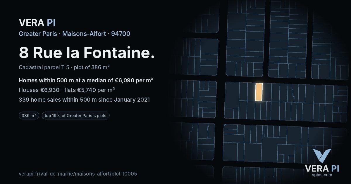 8 Rue la Fontaine, Maisons-Alfort at night – the plot lit, the parcels around coloured by the prices near them