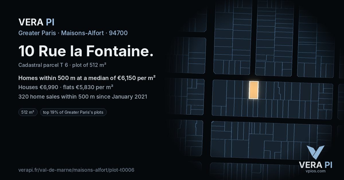 10 Rue la Fontaine, Maisons-Alfort at night – the plot lit, the parcels around coloured by the prices near them